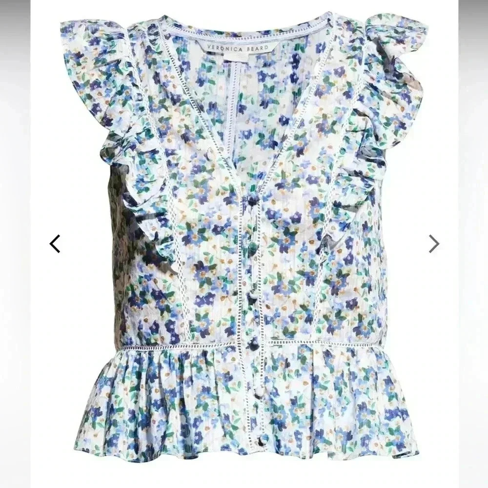 NWT Veronica Beard Araya Floral Flutter-Sleeve Peplum Top Cobalt Blue Multi 8